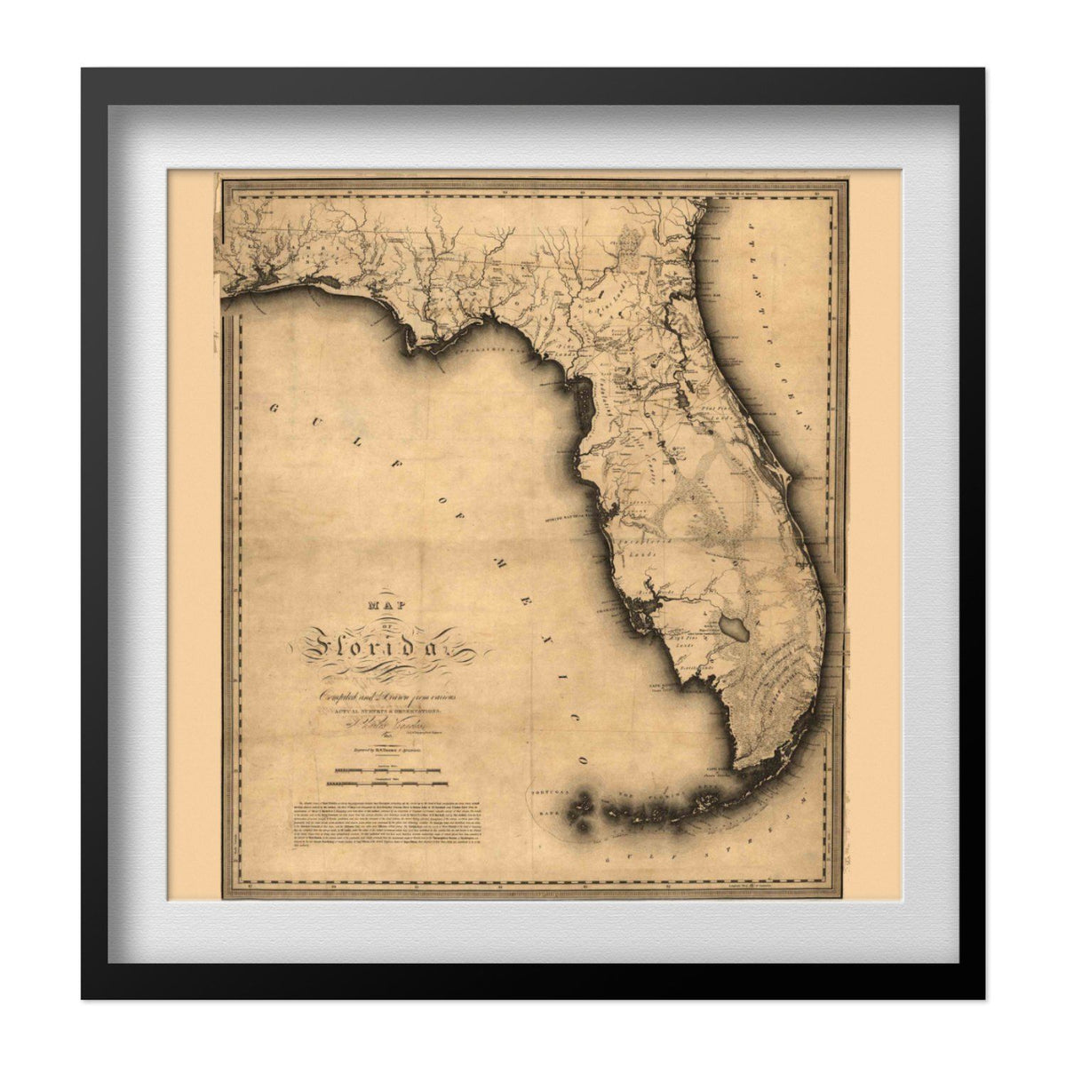 Florida 1823 Map print in a black frame with a white mat