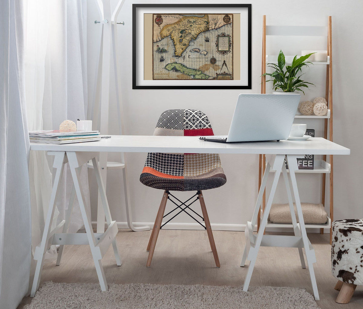 Florida & Cuba 1591 Map print framed above a white desk in a home office