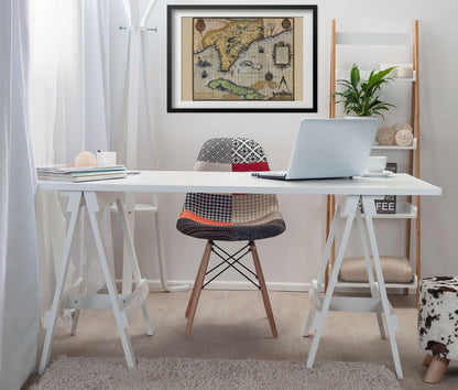 Florida & Cuba 1591 Map print framed above a white desk in a home office