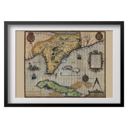 Florida & Cuba 1591 Map print in a black frame with a white mat