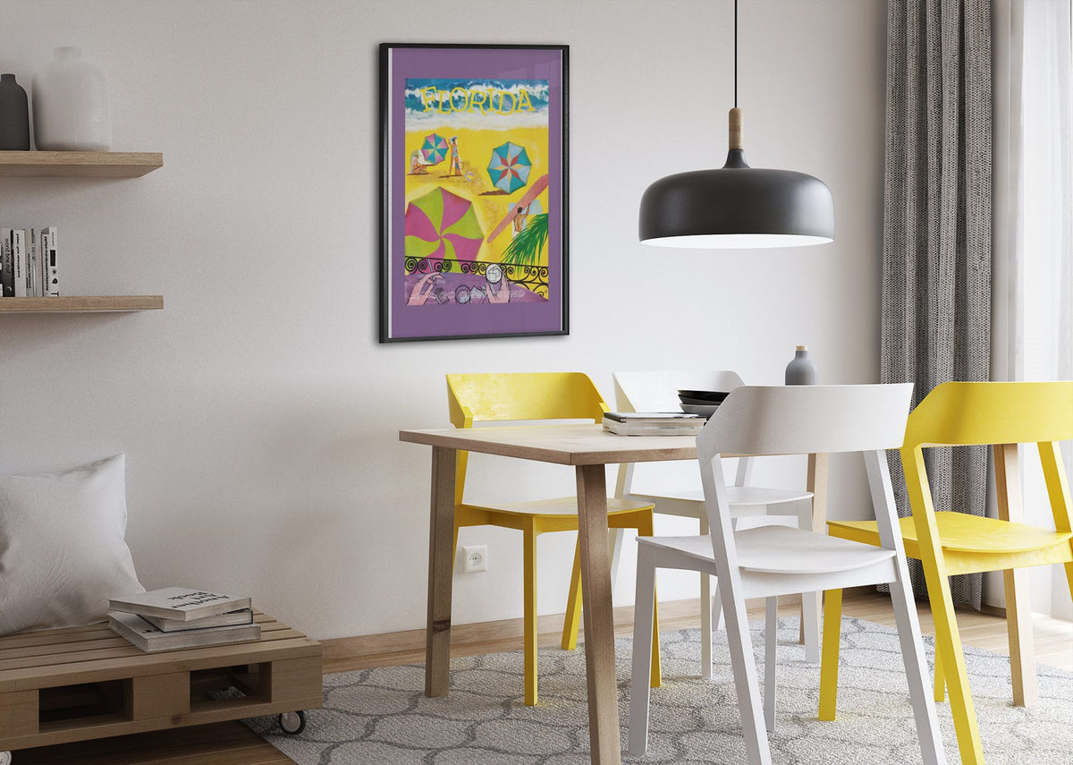 Florida Beach Umbrellas poster framed above a dining table