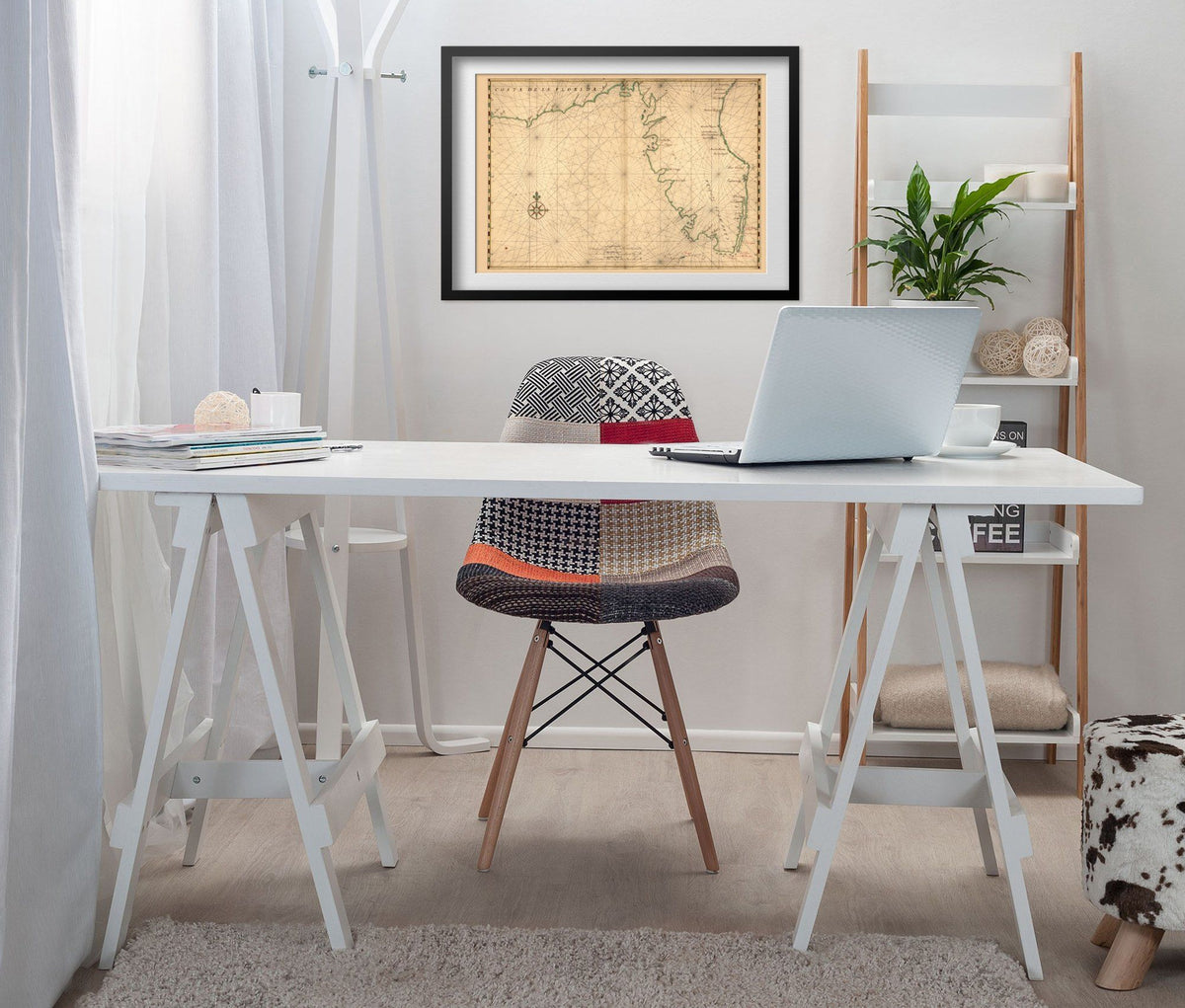 Florida Coast 1639 Chart print framed above a white desk in a home office