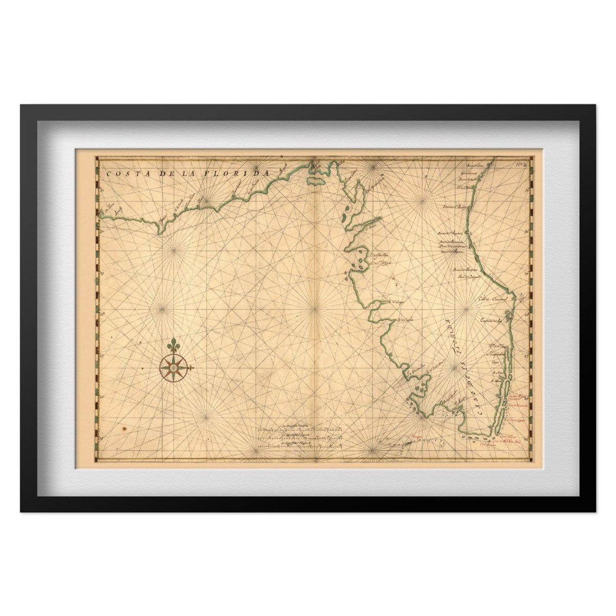 Florida Coast 1639 Chart print in a black frame with a white mat