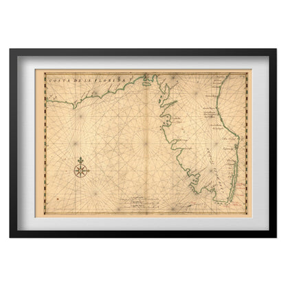 Florida Coast 1639 Chart print in a black frame with a white mat