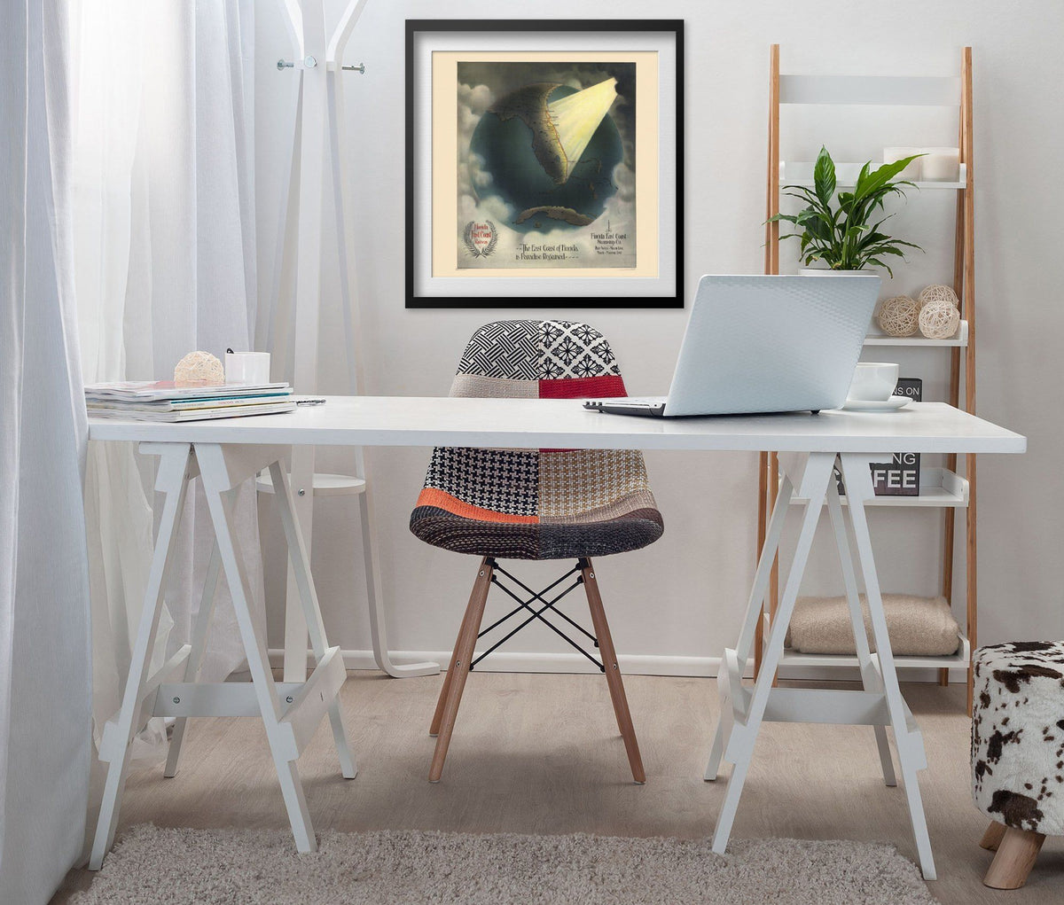 Florida Paradise Regained 1889 Map print framed above a white desk in a home office