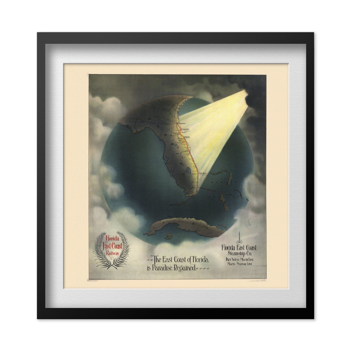 Florida Paradise Regained 1889 Map print in a black frame with a white mat