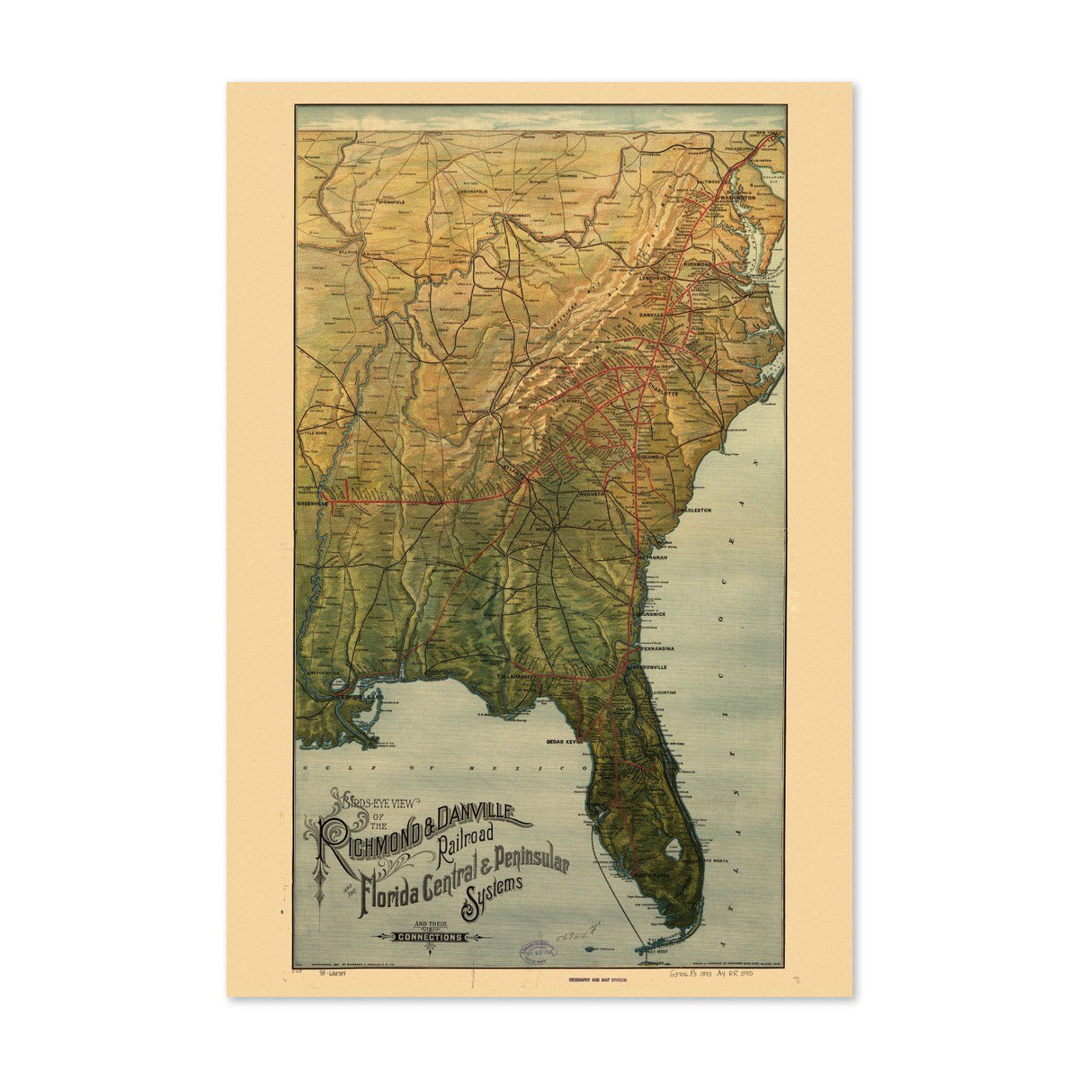 Florida Richmond & Danville Railroad 1890s Map vintage print