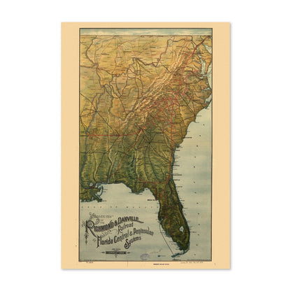 Florida Richmond & Danville Railroad 1890s Map vintage print