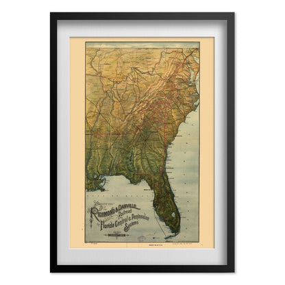 Florida Richmond & Danville Railroad 1890s Map print in a black frame with a white mat