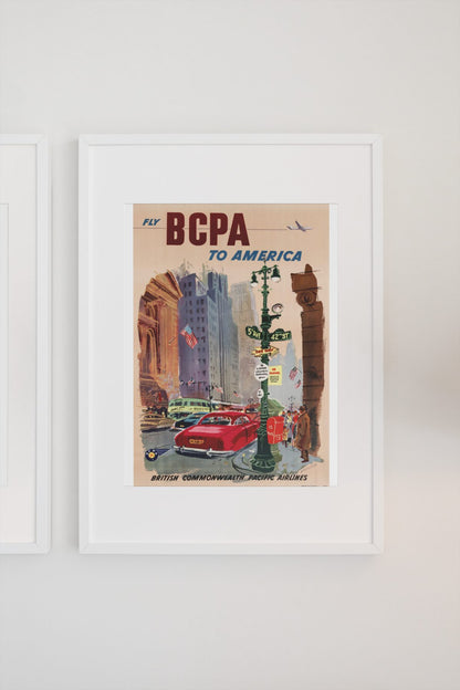 Fly BCPA to America poster on a light wall