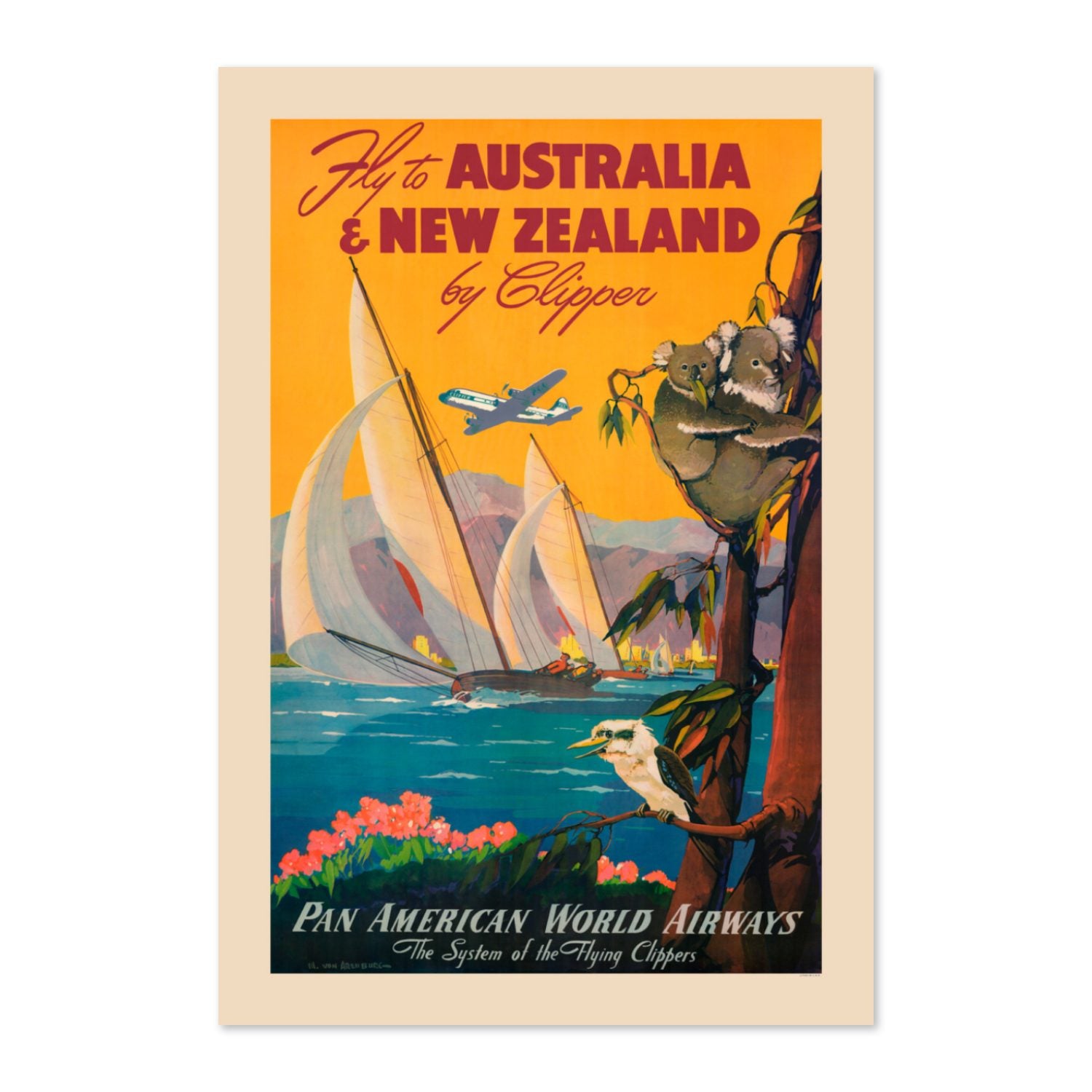 Fly to Australia and New Zealand Pan Am poster print