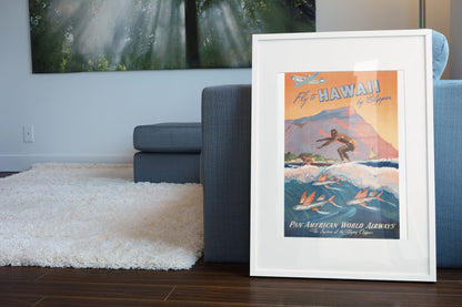 Fly to Hawaii by Clipper poster leaning beside a blue sofa