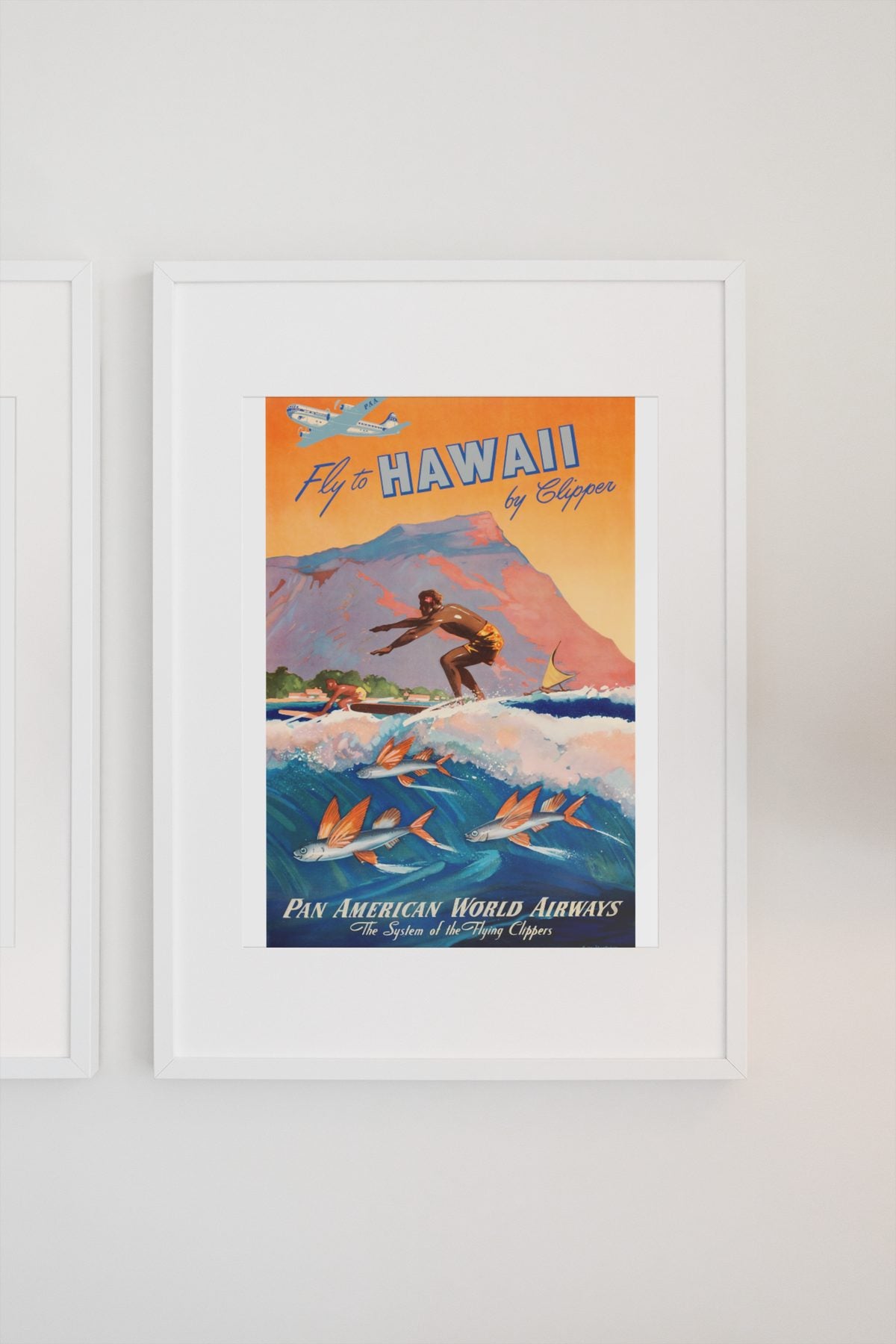 Fly to Hawaii by Clipper poster on a light wall