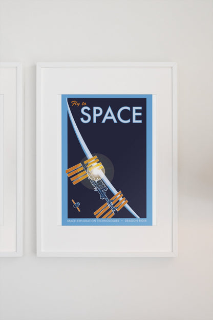 Fly to Space retro space travel poster in a white frame on a light wall