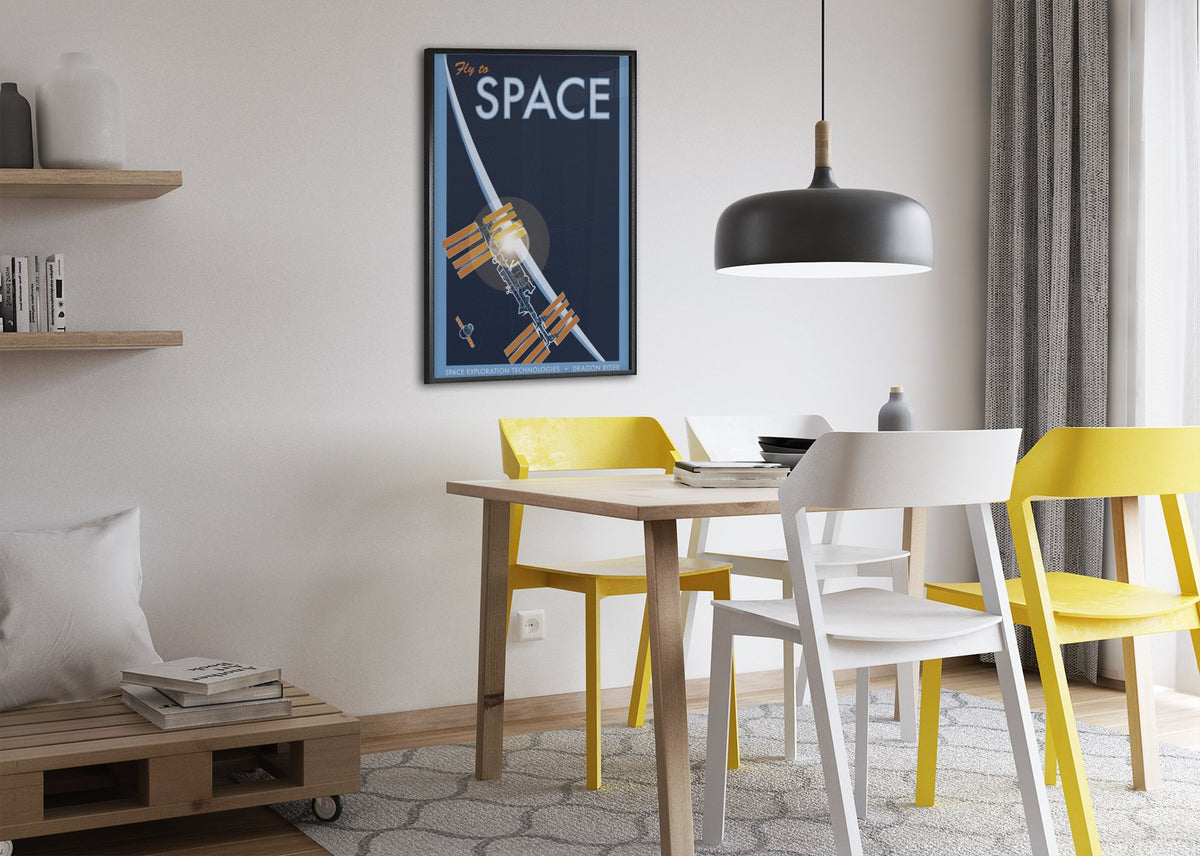 Fly to Space retro space travel poster framed above a dining table