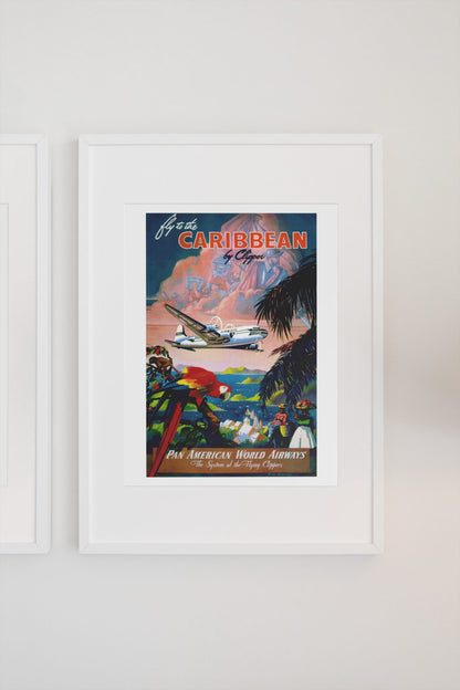 Fly to the Caribbean by Clipper Pan American poster on a light wall