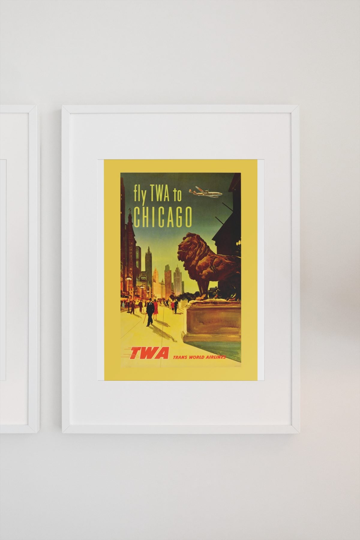 Fly TWA to Chicago Lion poster on a light wall
