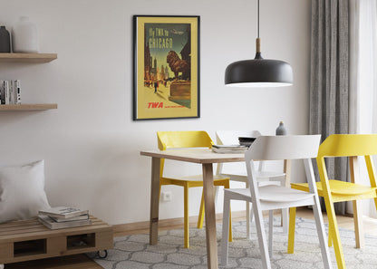 Fly TWA to Chicago Lion poster framed above a dining table