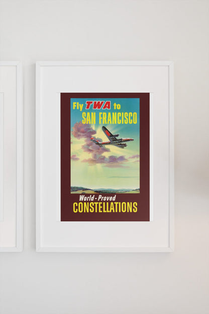 Fly TWA to San Francisco Constellations poster on a light wall