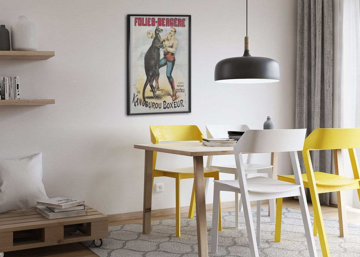 Folies-Bergère Kangaroo Boxer poster framed above a dining table