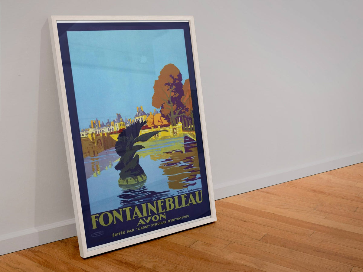 Fontainebleau Avon poster in a white frame leaning against a wall