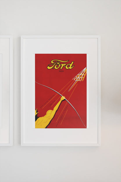 Ford V8 1933 poster in a white frame on a light wall