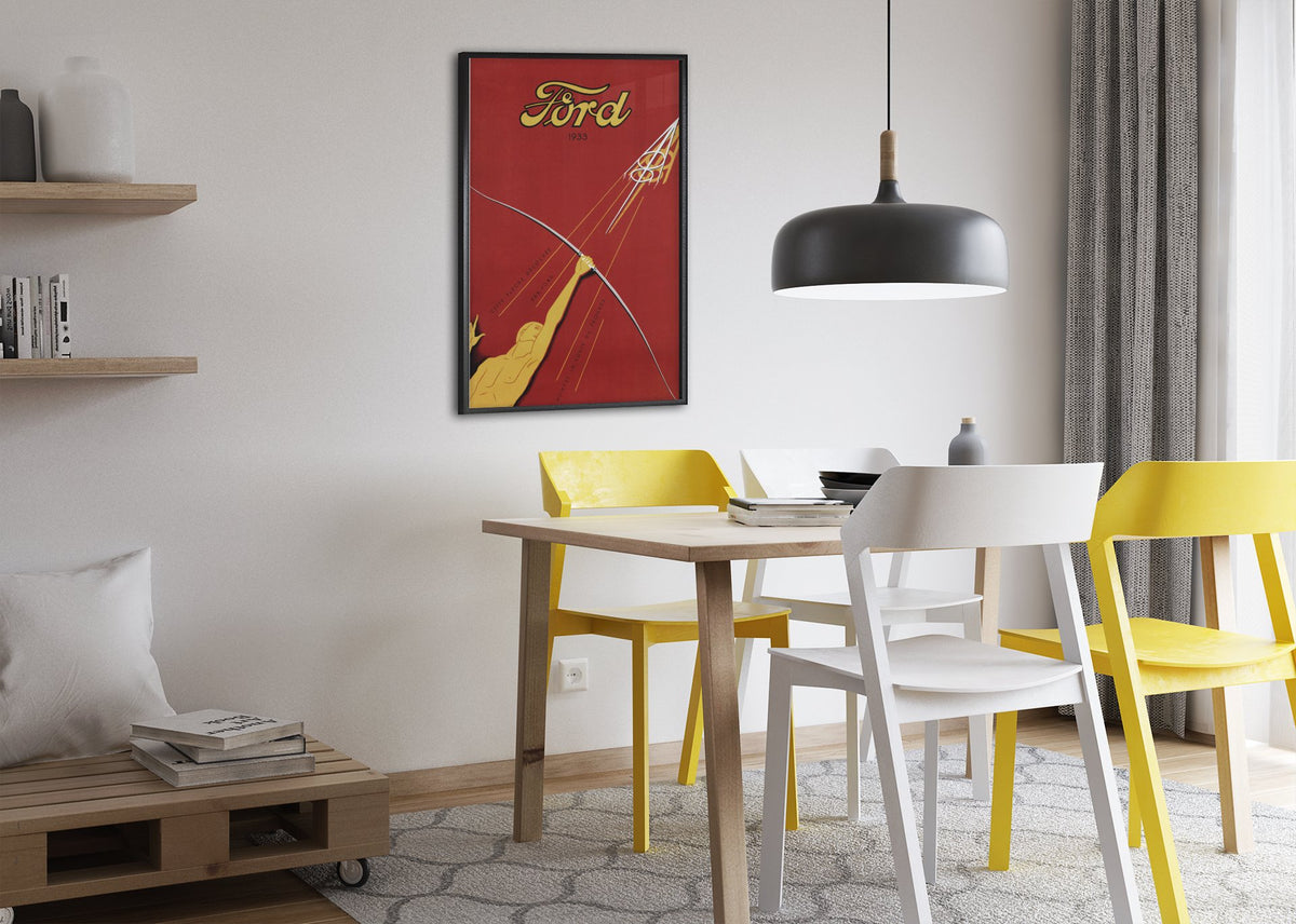 Ford V8 1933 poster framed above a dining table