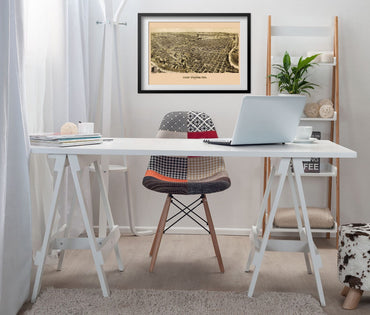 Fort Worth 1891 Panoramic Map framed above a white desk in a home office