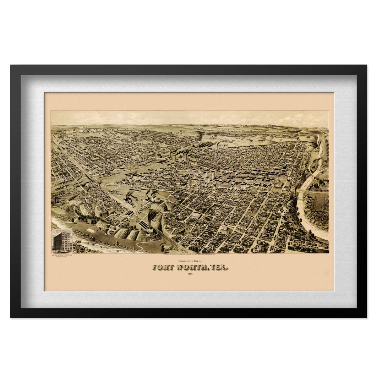 Fort Worth 1891 Panoramic Map print in a black frame