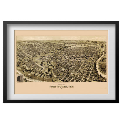 Fort Worth 1891 Panoramic Map print in a black frame
