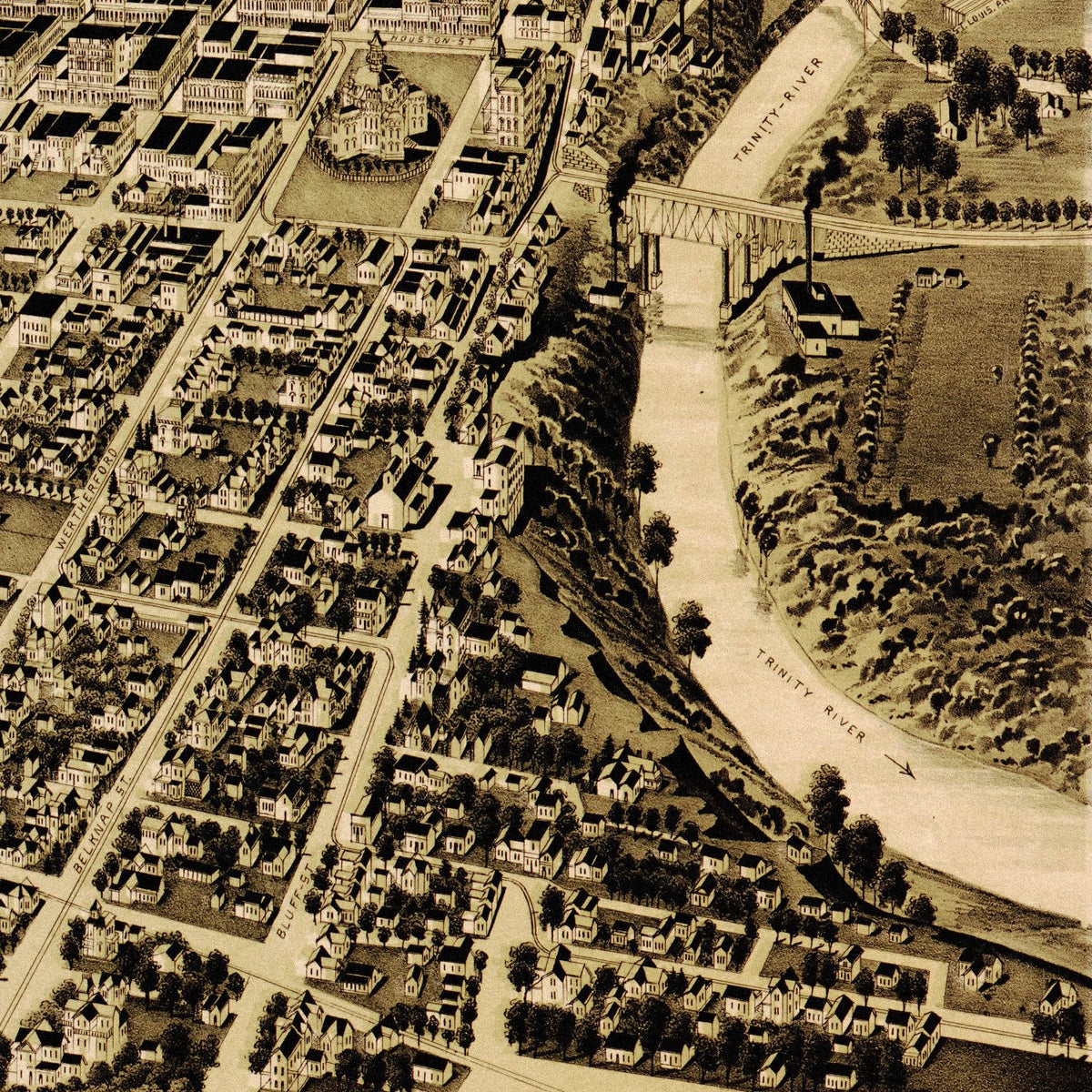 Close-up detail of the Fort Worth 1891 Panoramic Map print