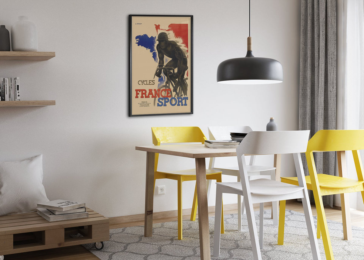 France Sport Cycles poster framed above a dining table
