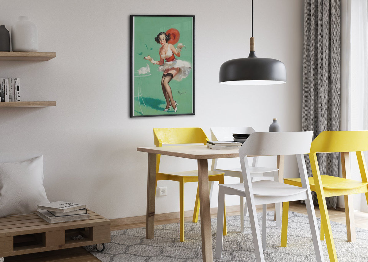 Fresh Breeze by Gil Elvgren, pin-up poster — dining room