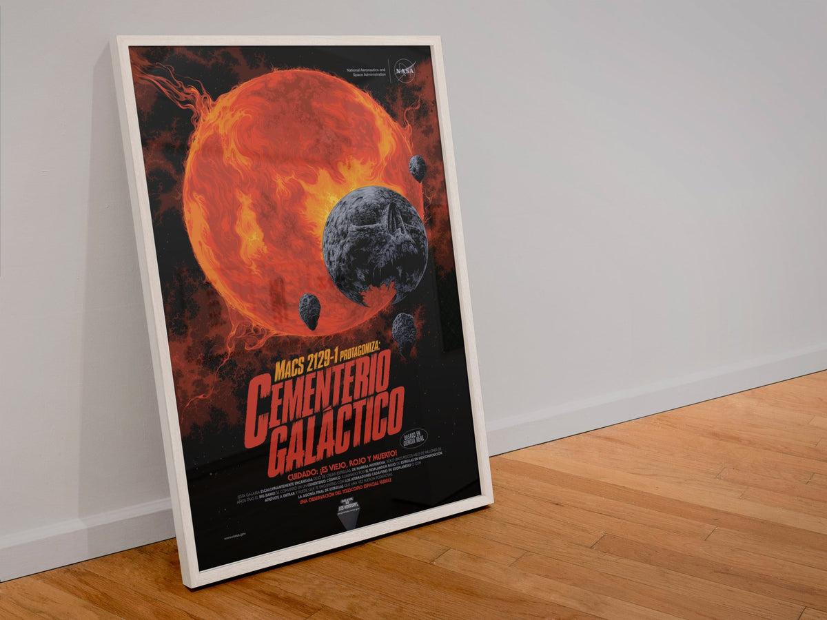 Galactic Graveyard, Cementerio Galáctico Spanish edition poster in a white frame leaning against a wall