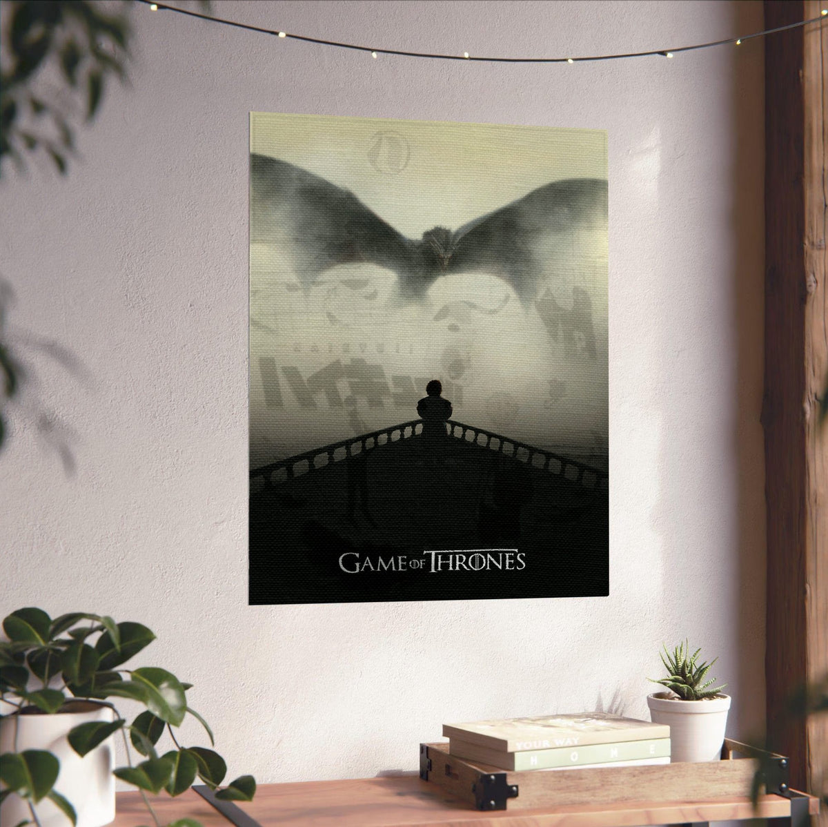 Game of Thrones Dragon Silhouette Art poster unframed on a white wall above a desk
