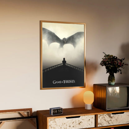 Game of Thrones Dragon Silhouette Art poster in an oak frame above a sideboard