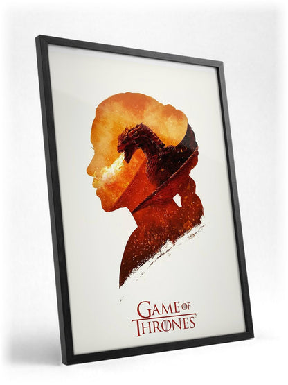 Game of Thrones Silhouette Art poster in a black frame with glass leaning against a wall