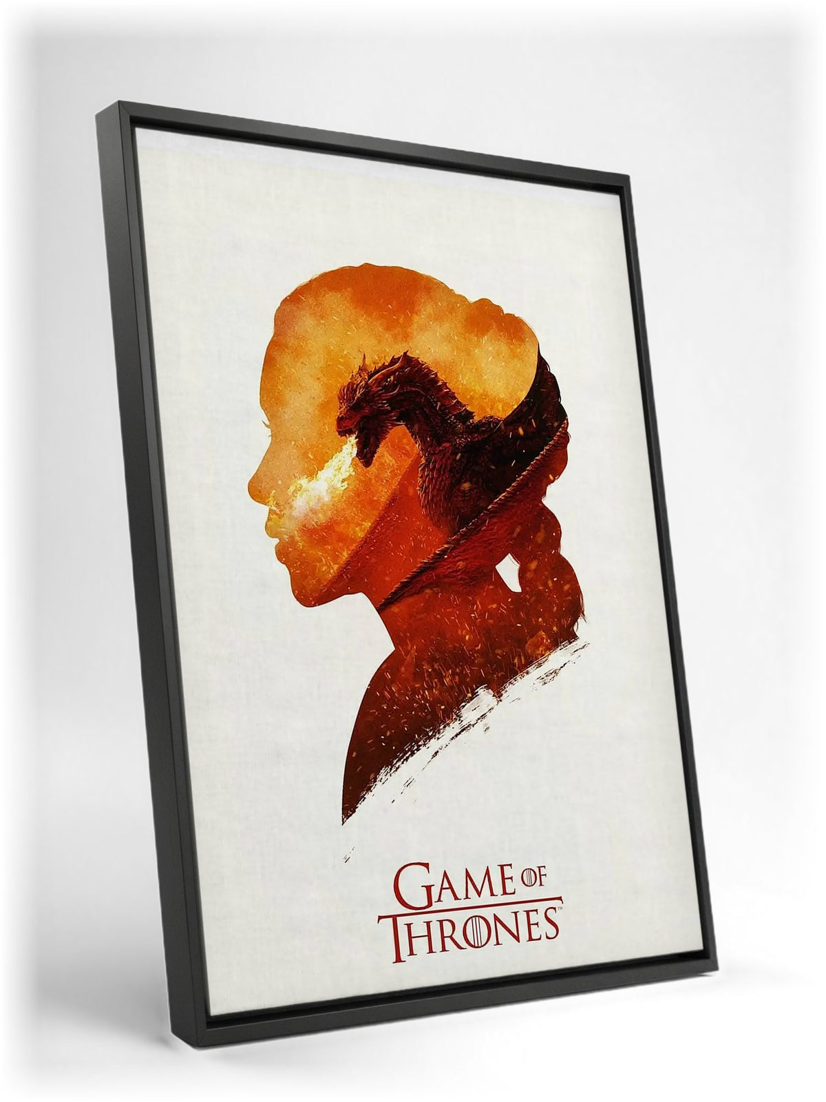 Game of Thrones Silhouette Art as a black floater framed canvas leaning against a wall