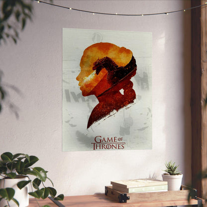 Game of Thrones Silhouette Art poster unframed on a white wall above a desk