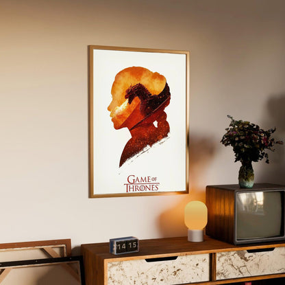 Game of Thrones Silhouette Art poster in an oak frame above a sideboard