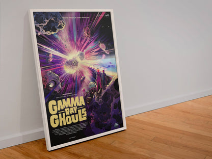 Gamma Ray Ghouls, NASA Galaxy of Horrors poster in a white frame leaning against a wall