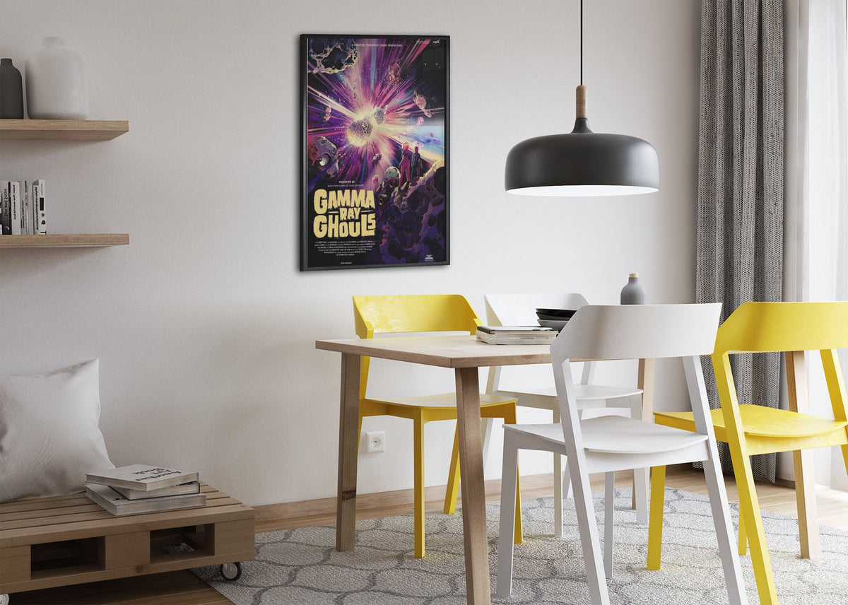 Gamma Ray Ghouls, NASA Galaxy of Horrors poster framed above a dining table