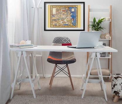 Gangland Chicago 1931 Map print framed above a white desk in a home office