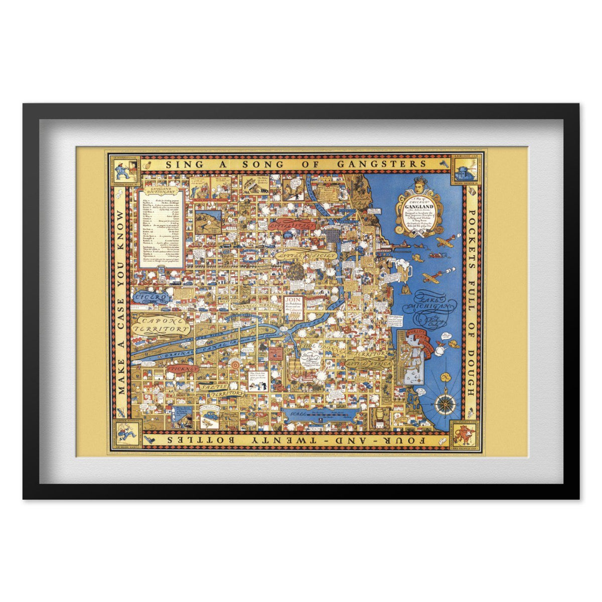 Gangland Chicago 1931 Map print in a black frame with a white mat