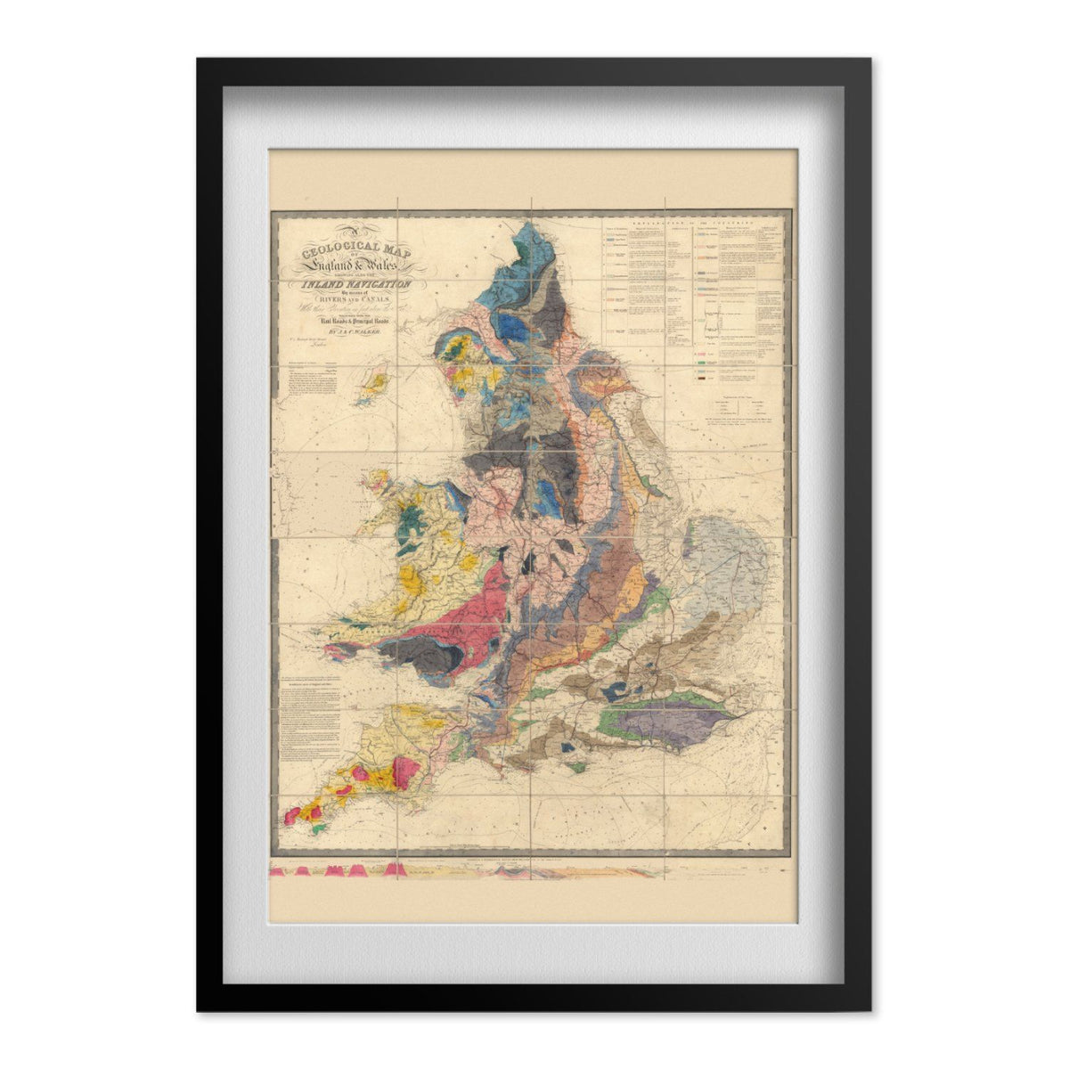 Geological Map of England & Wales 1843 print in a black frame with a white mat