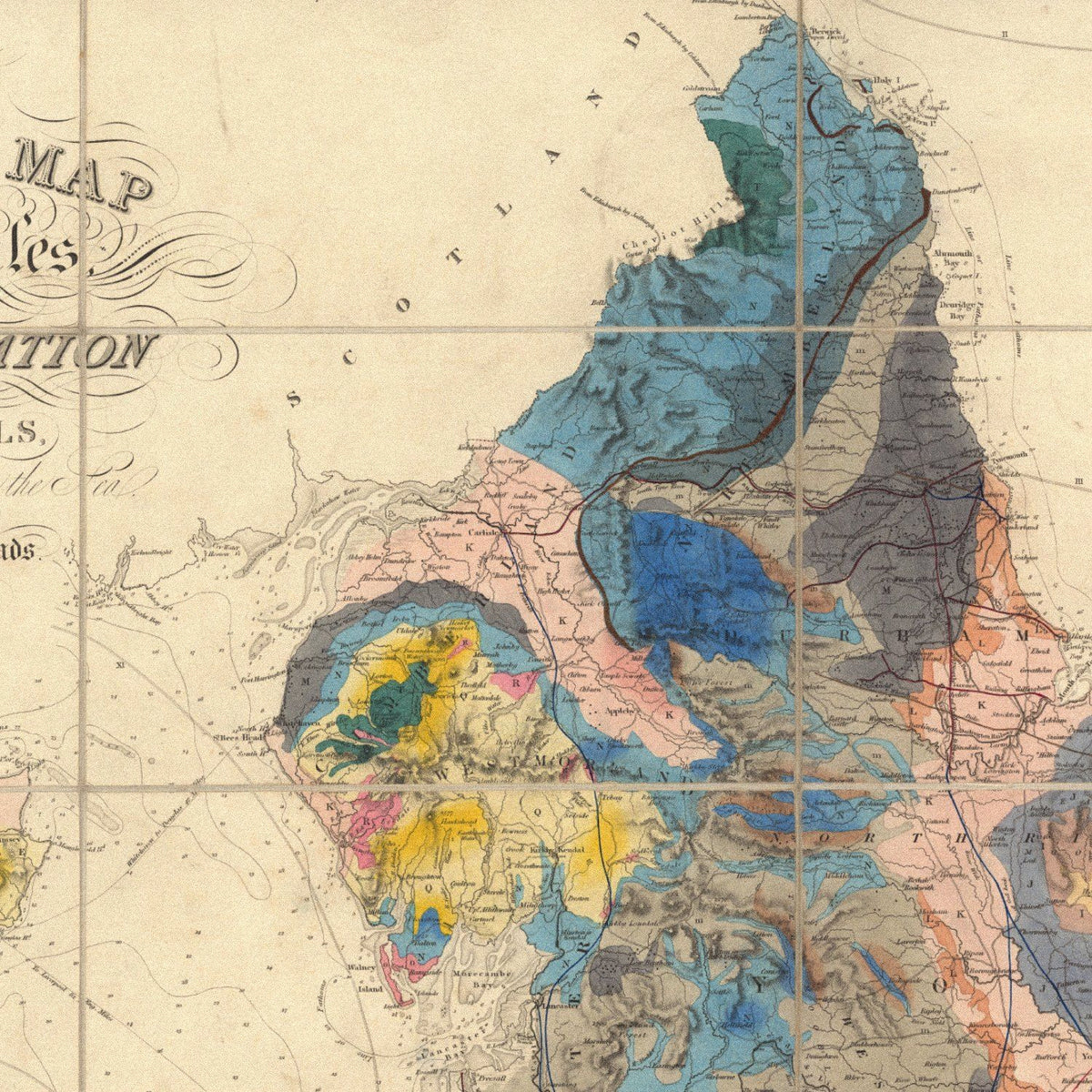 Close-up detail of the Geological Map of England & Wales 1843