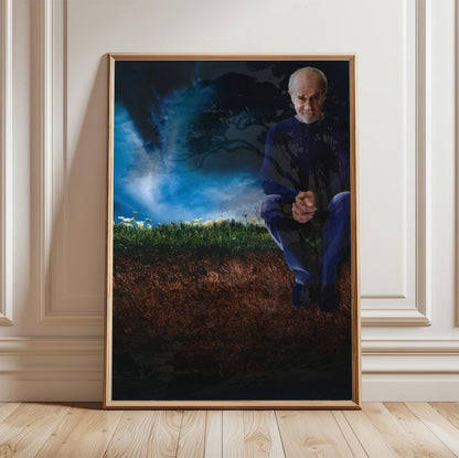 George Carlin: Life Is Worth Losing (2005) Movie Key Art poster in a light oak frame leaning against a white wall