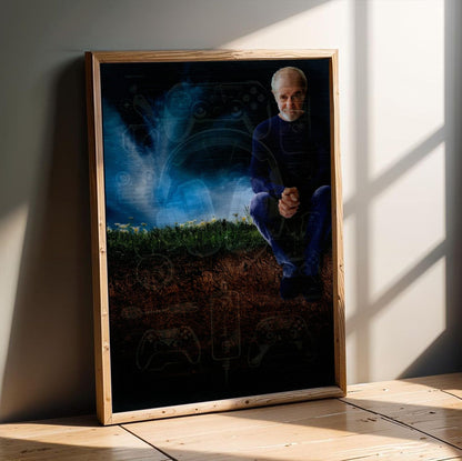 George Carlin: Life Is Worth Losing (2005) Movie Key Art poster in an oak frame leaning on a wooden floor