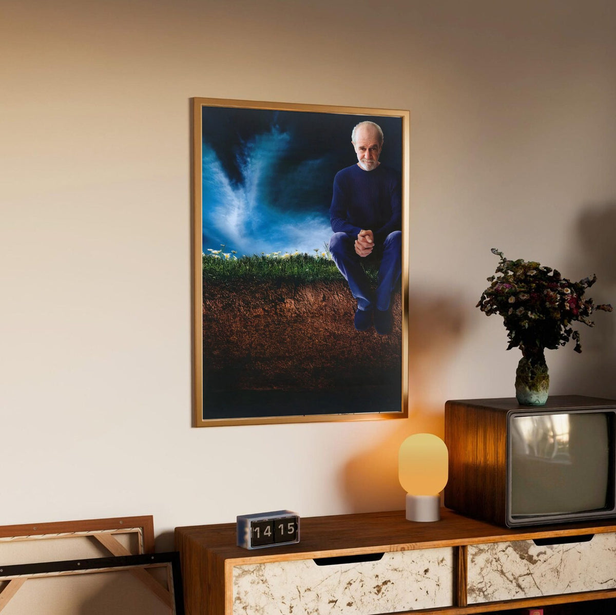 George Carlin: Life Is Worth Losing (2005) Movie Key Art poster in an oak frame above a sideboard