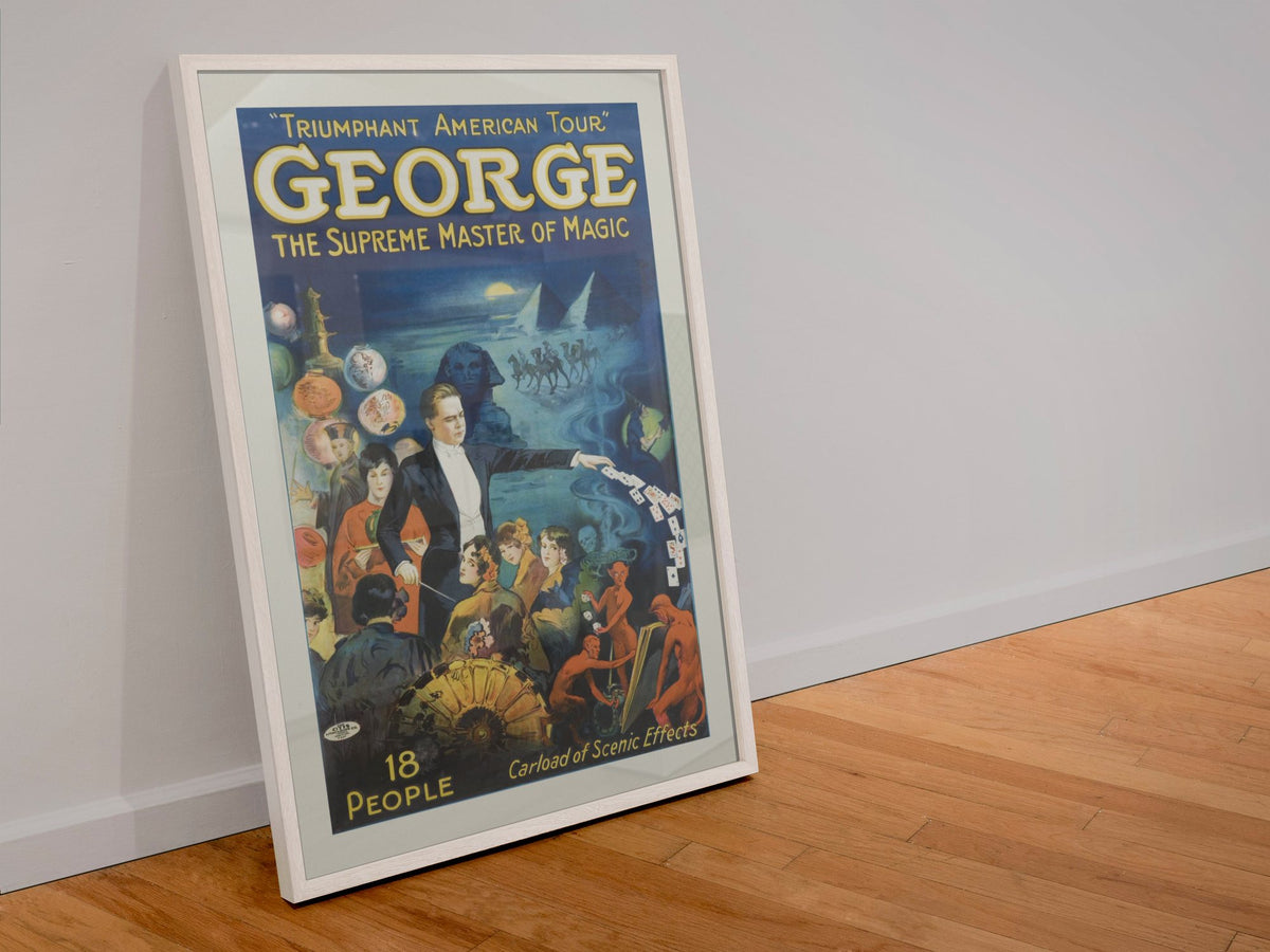 George the Supreme Master of Magic poster in a white frame leaning against a wall